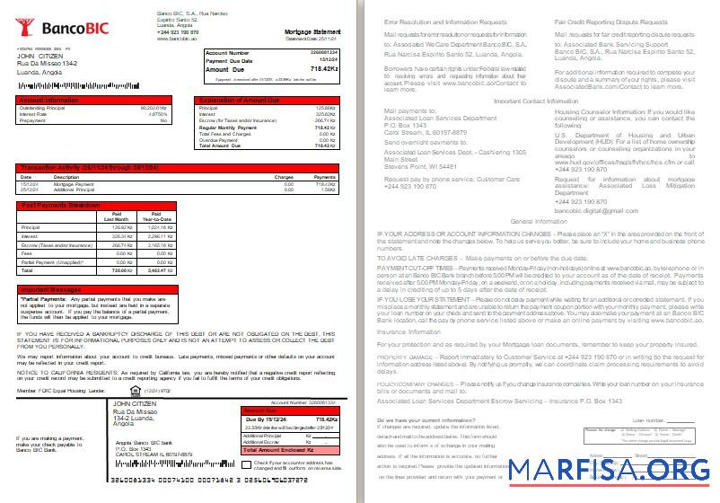 Printable Angola Banco BIC bank mortgage statement, 2 pages, 1 2 scr download for verification